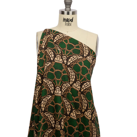Linen and Rayon Woven - Green and Brown Abstracted Turtles - Turtle Cove Print - Mood Exclusive Palm Beach Collection