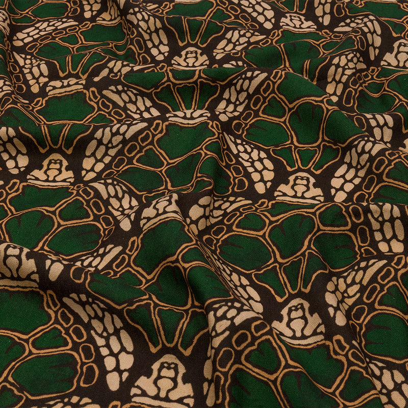 Linen and Rayon Woven - Green and Brown Abstracted Turtles - Turtle Cove Print - Mood Exclusive Palm Beach Collection