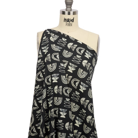 Linen and Rayon Woven - Black Rainbows and Geometrics - Cairn Caves Print - Mood Exclusive Palm Beach Collection