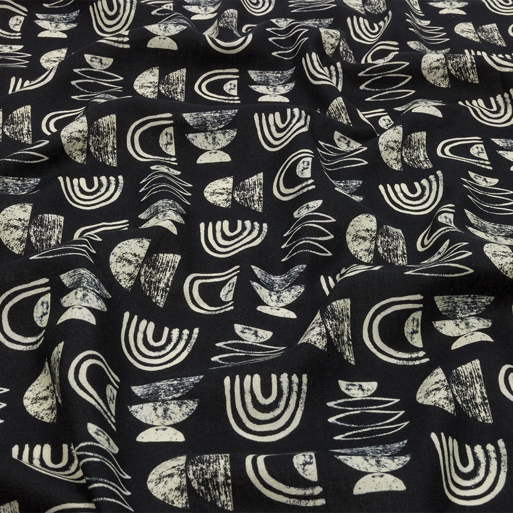 Linen and Rayon Woven - Black Rainbows and Geometrics - Cairn Caves Print - Mood Exclusive Palm Beach Collection