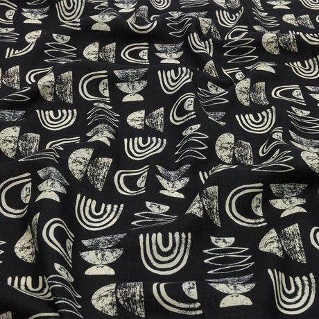 Linen and Rayon Woven - Black Rainbows and Geometrics - Cairn Caves Print - Mood Exclusive Palm Beach Collection