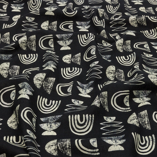 Linen and Rayon Woven - Black Rainbows and Geometrics - Cairn Caves Print - Mood Exclusive Palm Beach Collection