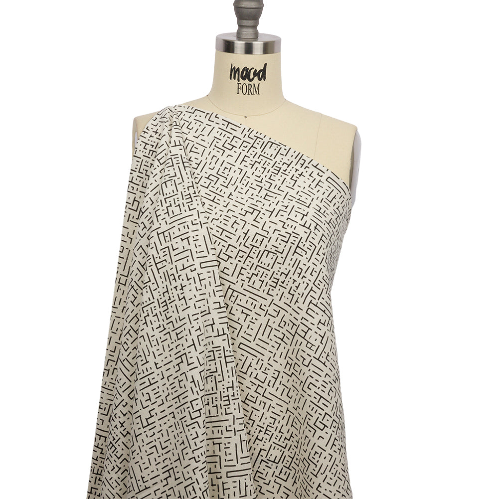 Linen and Rayon Woven - White and Black Geometric Lines - Maui Maze Print - Mood Exclusive Palm Beach Collection