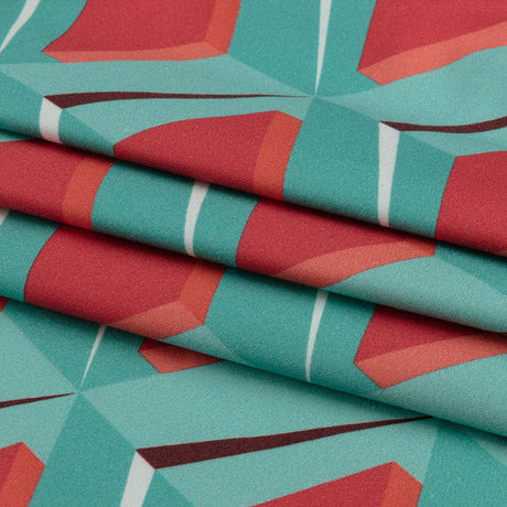 Stretch Cotton Sateen - Turquoise and Red Diamonds - Deco Delight Print - Mood Exclusive Yesterday Collection