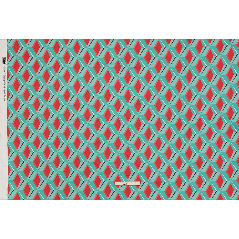 Stretch Cotton Sateen - Turquoise and Red Diamonds - Deco Delight Print - Mood Exclusive Yesterday Collection