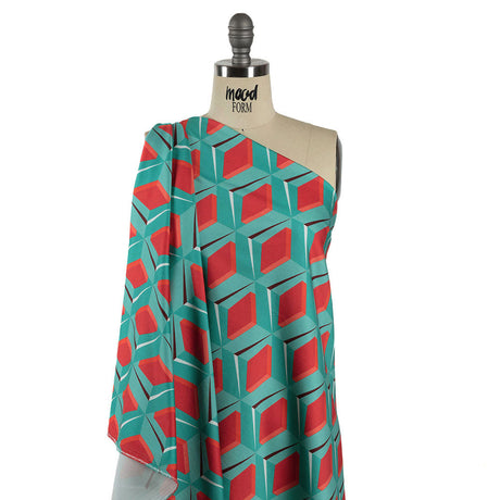 Stretch Cotton Sateen - Turquoise and Red Diamonds - Deco Delight Print - Mood Exclusive Yesterday Collection