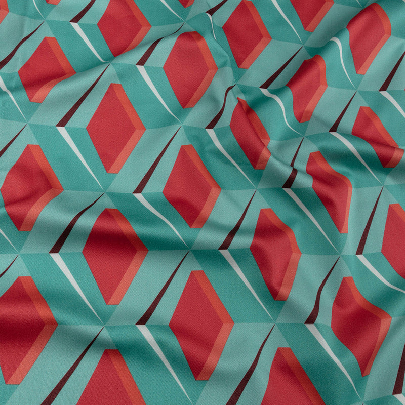 Stretch Cotton Sateen - Turquoise and Red Diamonds - Deco Delight Print - Mood Exclusive Yesterday Collection