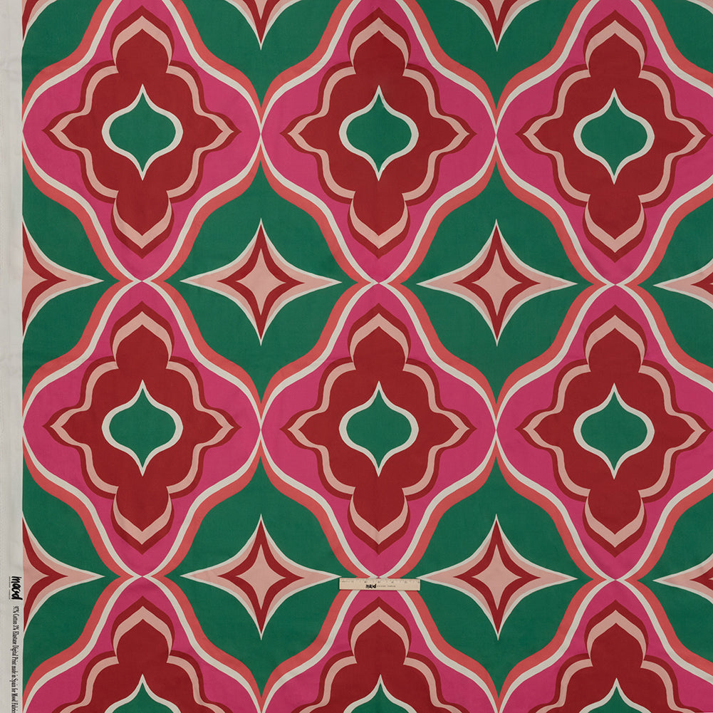 Stretch Cotton Sateen - Red, Green and Pink Ogees - Age of Aquarius Print - Mood Exclusive Yesterday Collection