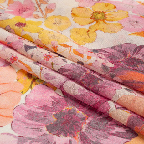 Viscose Georgette Panel - Orange and Purple Floral - Mood Exclusive Creamsicle Carnations Print