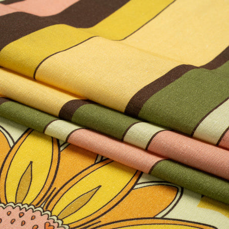 Linen and Rayon Woven - Yellow and Green Sunflowers Border and Stripes - Mood Exclusive Matilda's Garden Print