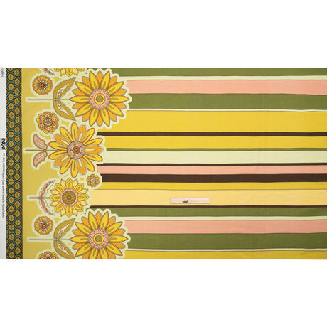 Linen and Rayon Woven - Yellow and Green Sunflowers Border and Stripes - Mood Exclusive Matilda's Garden Print