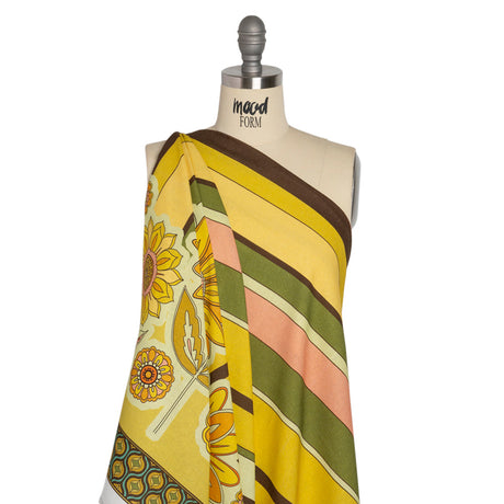Linen and Rayon Woven - Yellow and Green Sunflowers Border and Stripes - Mood Exclusive Matilda's Garden Print