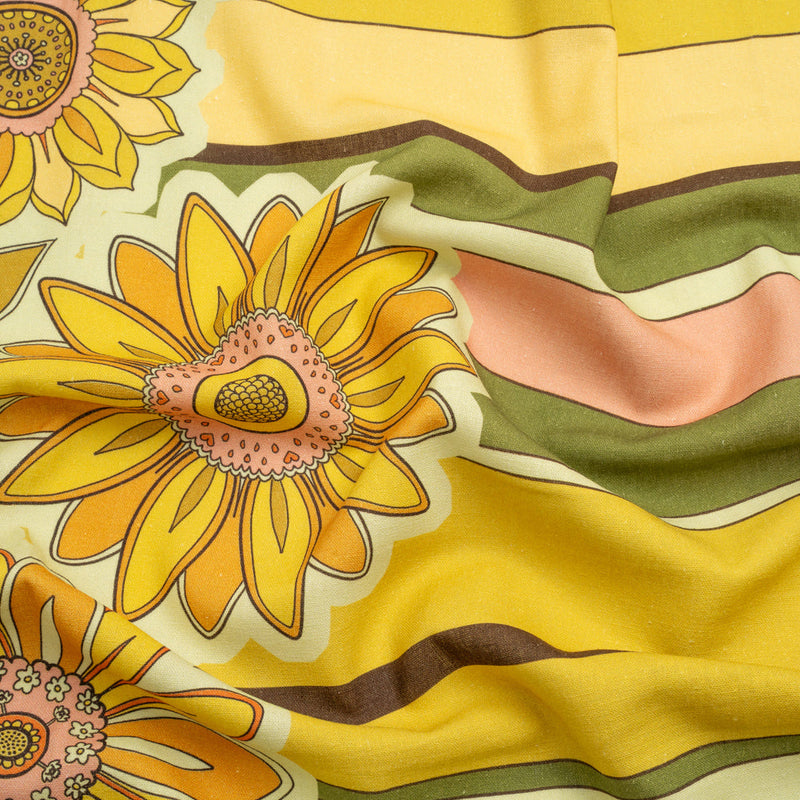 Linen and Rayon Woven - Yellow and Green Sunflowers Border and Stripes - Mood Exclusive Matilda's Garden Print