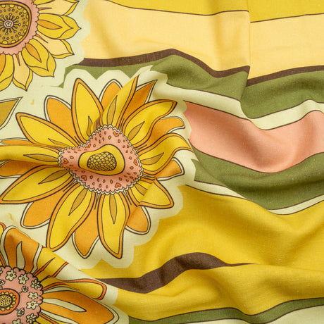Linen and Rayon Woven - Yellow and Green Sunflowers Border and Stripes - Mood Exclusive Matilda's Garden Print