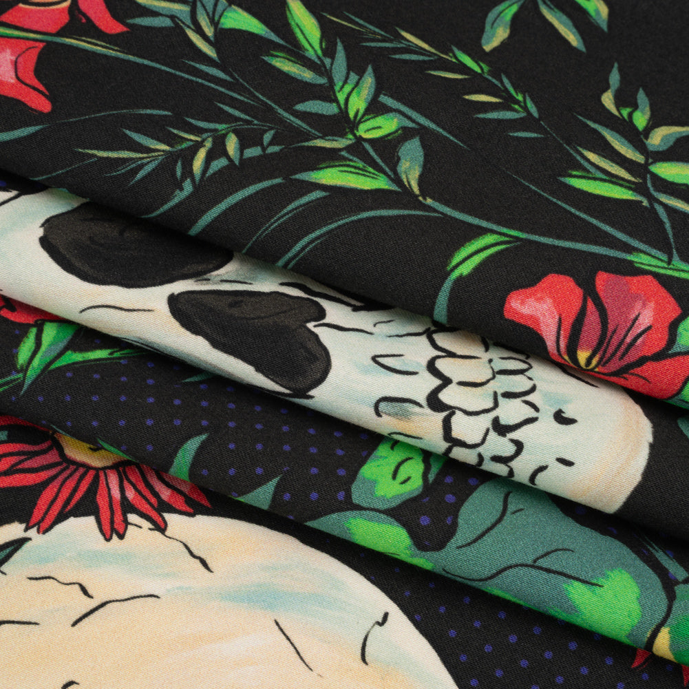 Stretch Cotton Sateen - Black, Red and Green Skulls and Flowers - Mood Exclusive Poor Yorick Print
