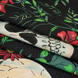 Stretch Cotton Sateen - Black, Red and Green Skulls and Flowers - Mood Exclusive Poor Yorick Print