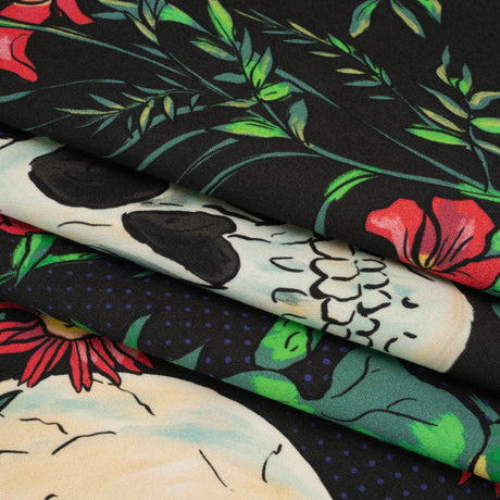 Stretch Cotton Sateen - Black, Red and Green Skulls and Flowers - Mood Exclusive Poor Yorick Print