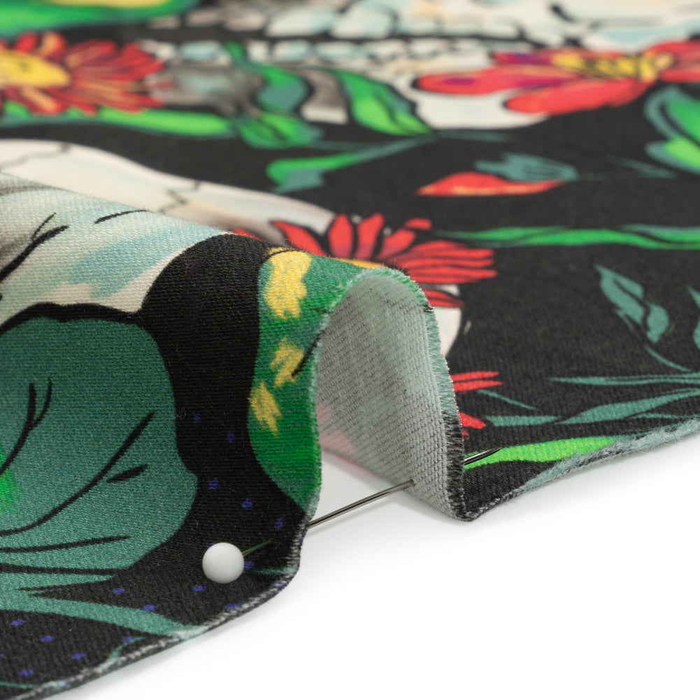 Stretch Cotton Sateen - Black, Red and Green Skulls and Flowers - Mood Exclusive Poor Yorick Print