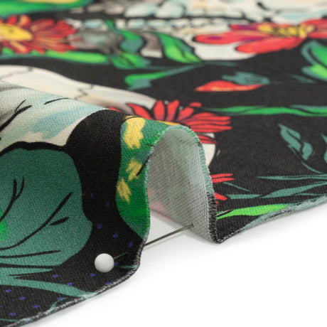 Stretch Cotton Sateen - Black, Red and Green Skulls and Flowers - Mood Exclusive Poor Yorick Print