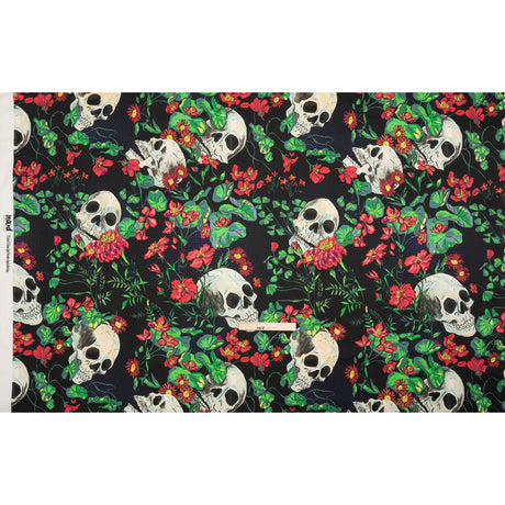 Stretch Cotton Sateen - Black, Red and Green Skulls and Flowers - Mood Exclusive Poor Yorick Print