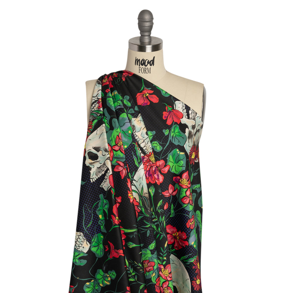 Stretch Cotton Sateen - Black, Red and Green Skulls and Flowers - Mood Exclusive Poor Yorick Print