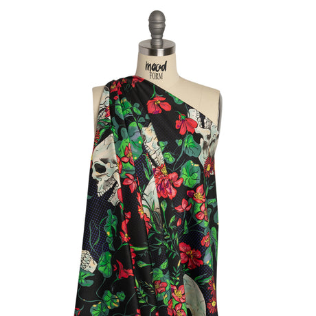 Stretch Cotton Sateen - Black, Red and Green Skulls and Flowers - Mood Exclusive Poor Yorick Print