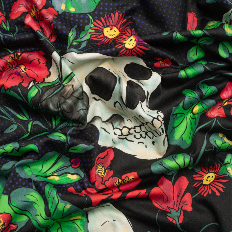 Stretch Cotton Sateen - Black, Red and Green Skulls and Flowers - Mood Exclusive Poor Yorick Print