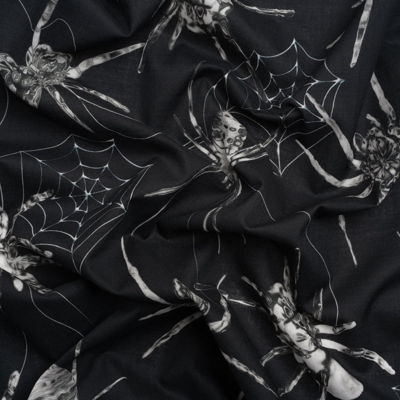 Cotton Voile - Black and White Spiders - Mood Exclusive Tantalizing Tarantulas Print