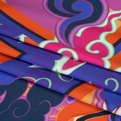 Rayon Challis Panel - Blue and Orange Cranes and Clouds - Sunrise Flight Print - Mood Exclusive Chariot Collection