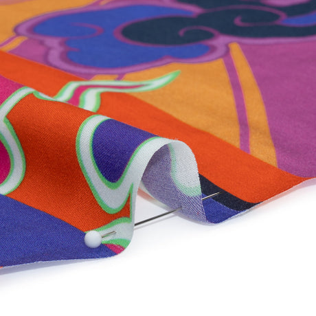 Rayon Challis Panel - Blue and Orange Cranes and Clouds - Sunrise Flight Print - Mood Exclusive Chariot Collection