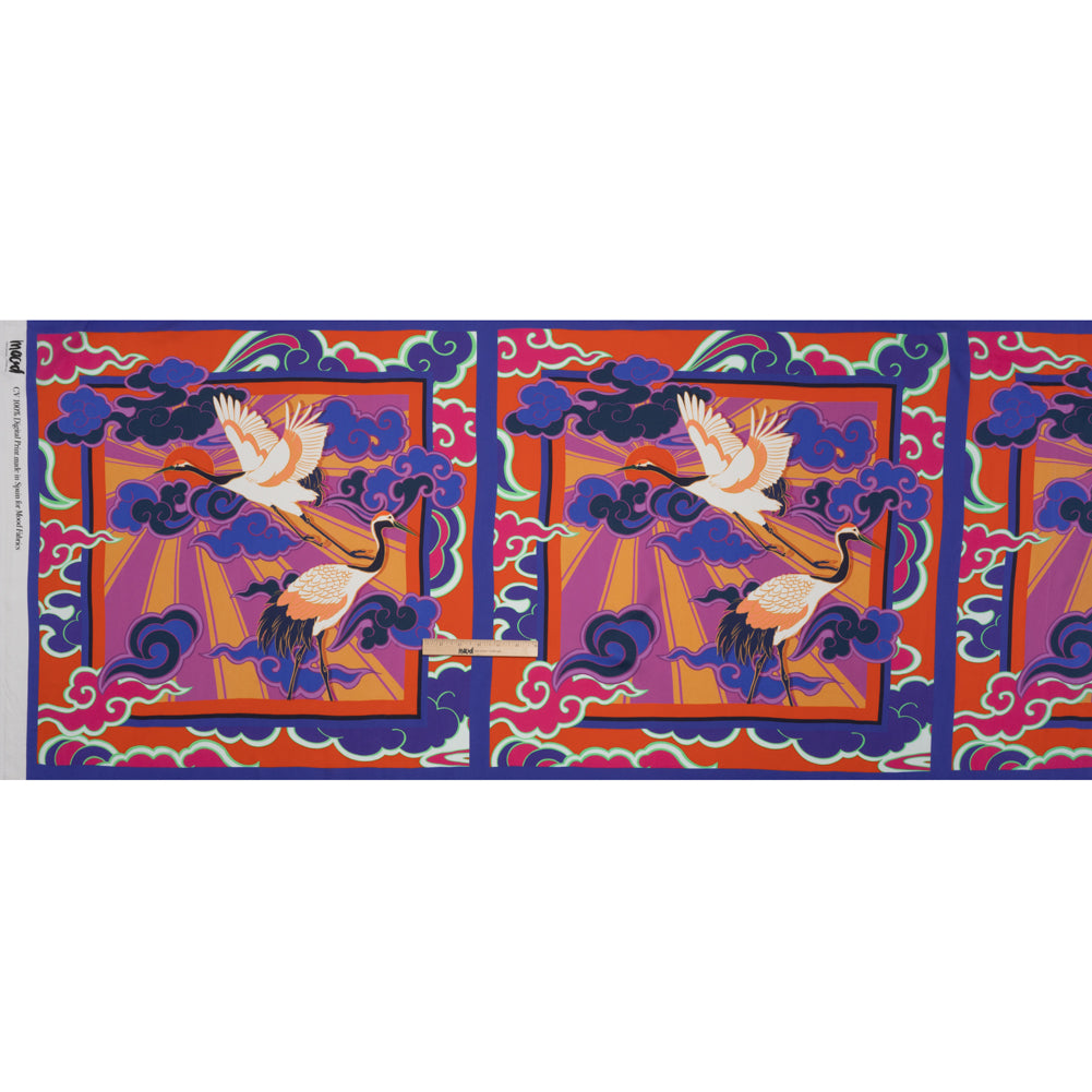 Rayon Challis Panel - Blue and Orange Cranes and Clouds - Sunrise Flight Print - Mood Exclusive Chariot Collection