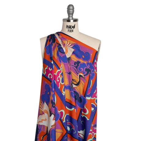 Rayon Challis Panel - Blue and Orange Cranes and Clouds - Sunrise Flight Print - Mood Exclusive Chariot Collection