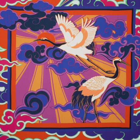 Rayon Challis Panel - Blue and Orange Cranes and Clouds - Sunrise Flight Print - Mood Exclusive Chariot Collection