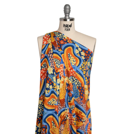 Rayon Challis - Orange and Blue Butterflies and Doodles - Sunbeam Garden Print - Mood Exclusive Chariot Collection