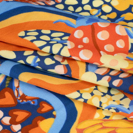 Rayon Challis - Orange and Blue Butterflies and Doodles - Sunbeam Garden Print - Mood Exclusive Chariot Collection