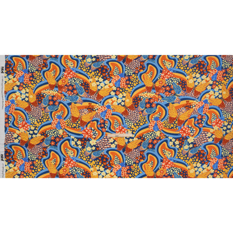 Rayon Challis - Orange and Blue Butterflies and Doodles - Sunbeam Garden Print - Mood Exclusive Chariot Collection