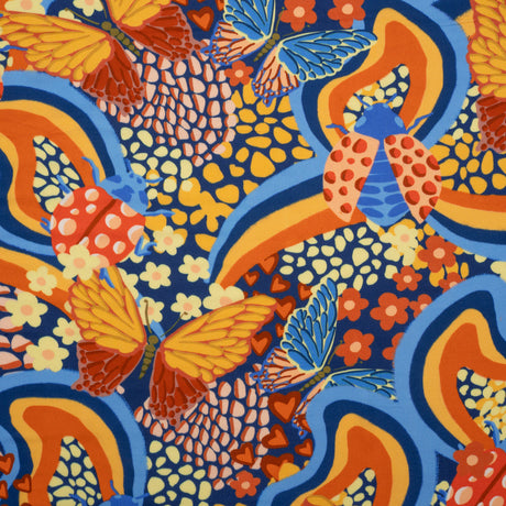 Rayon Challis - Orange and Blue Butterflies and Doodles - Sunbeam Garden Print - Mood Exclusive Chariot Collection
