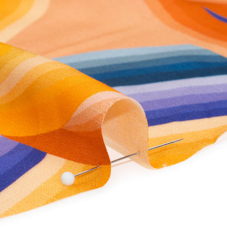 Rayon Challis - Orange, Blue and Purple Abstract Lines - Iris's Message Print - Mood Exclusive Chariot Collection