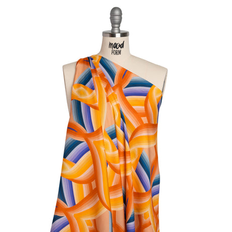 Rayon Challis - Orange, Blue and Purple Abstract Lines - Iris's Message Print - Mood Exclusive Chariot Collection