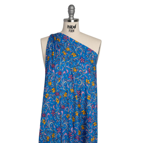 Rayon Challis - Blue and Yellow Floral - Apollo's Laurel Print - Mood Exclusive Chariot Collection