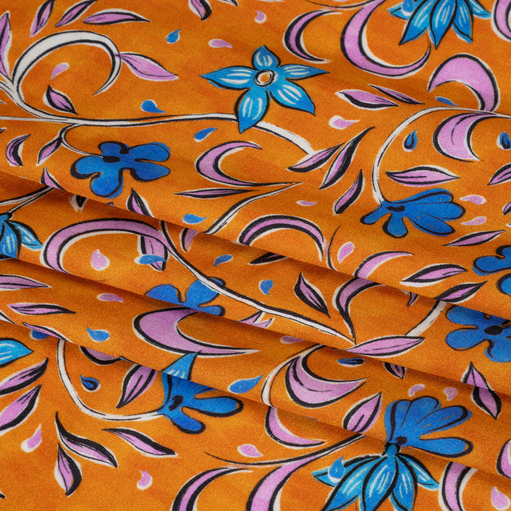 Rayon Challis - Orange and Blue Floral - Apollo's Laurel Print - Mood Exclusive Chariot Collection