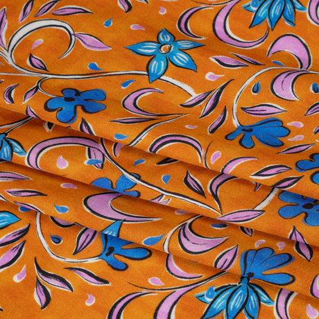 Rayon Challis - Orange and Blue Floral - Apollo's Laurel Print - Mood Exclusive Chariot Collection