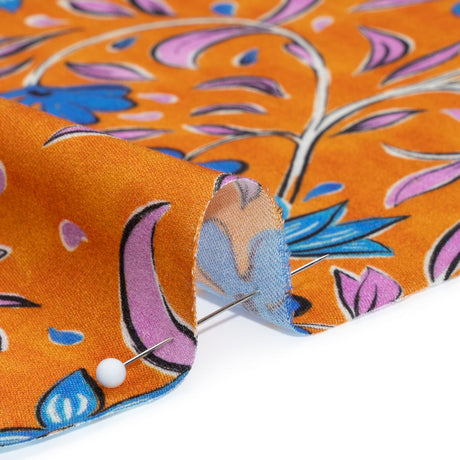 Rayon Challis - Orange and Blue Floral - Apollo's Laurel Print - Mood Exclusive Chariot Collection