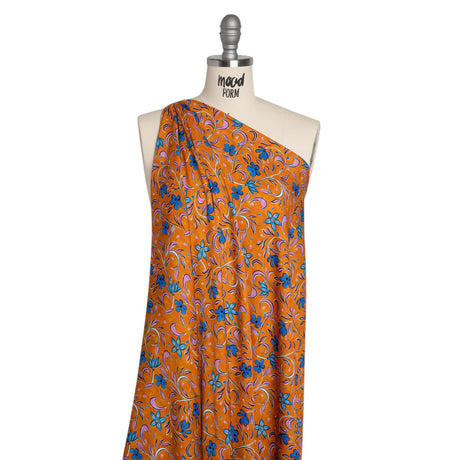 Rayon Challis - Orange and Blue Floral - Apollo's Laurel Print - Mood Exclusive Chariot Collection