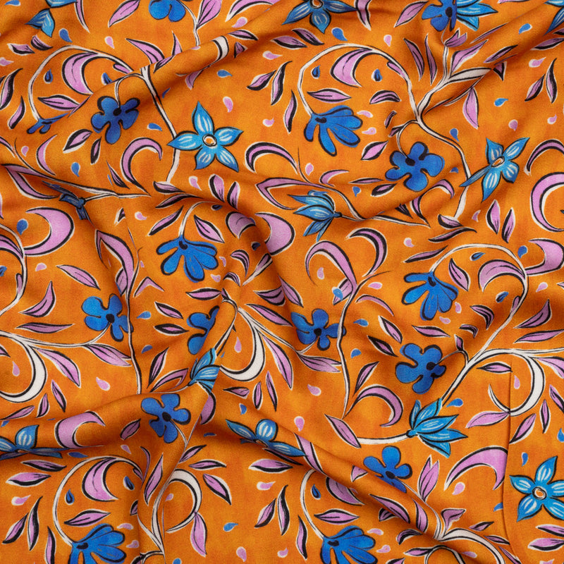 Rayon Challis - Orange and Blue Floral - Apollo's Laurel Print - Mood Exclusive Chariot Collection