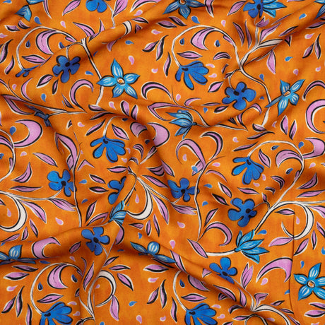 Rayon Challis - Orange and Blue Floral - Apollo's Laurel Print - Mood Exclusive Chariot Collection