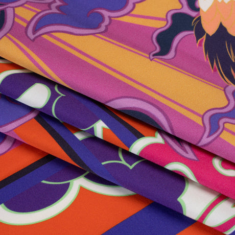 Stretch Cotton Sateen Panel - Purple and Orange Cranes and Clouds - Sunrise Flight Print - Mood Exclusive Chariot Collection