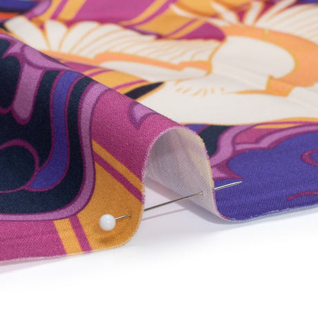 Stretch Cotton Sateen Panel - Purple and Orange Cranes and Clouds - Sunrise Flight Print - Mood Exclusive Chariot Collection