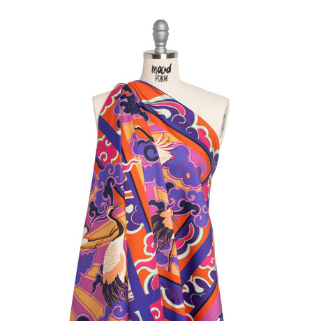 Stretch Cotton Sateen Panel - Purple and Orange Cranes and Clouds - Sunrise Flight Print - Mood Exclusive Chariot Collection
