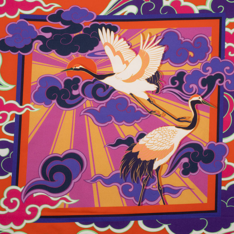 Stretch Cotton Sateen Panel - Purple and Orange Cranes and Clouds - Sunrise Flight Print - Mood Exclusive Chariot Collection